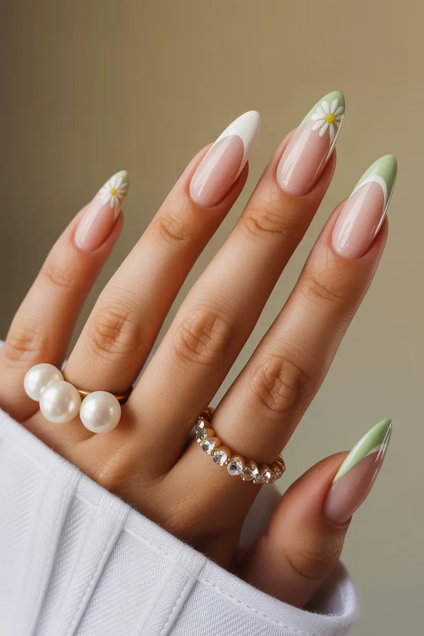 spring almond nails 2026 white and sage daisy french 19