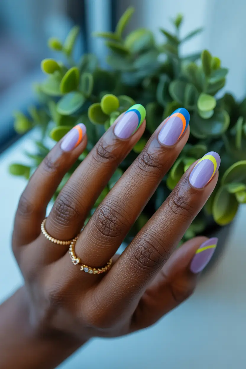 spring almond nails 2026 neon edge french with lavender base