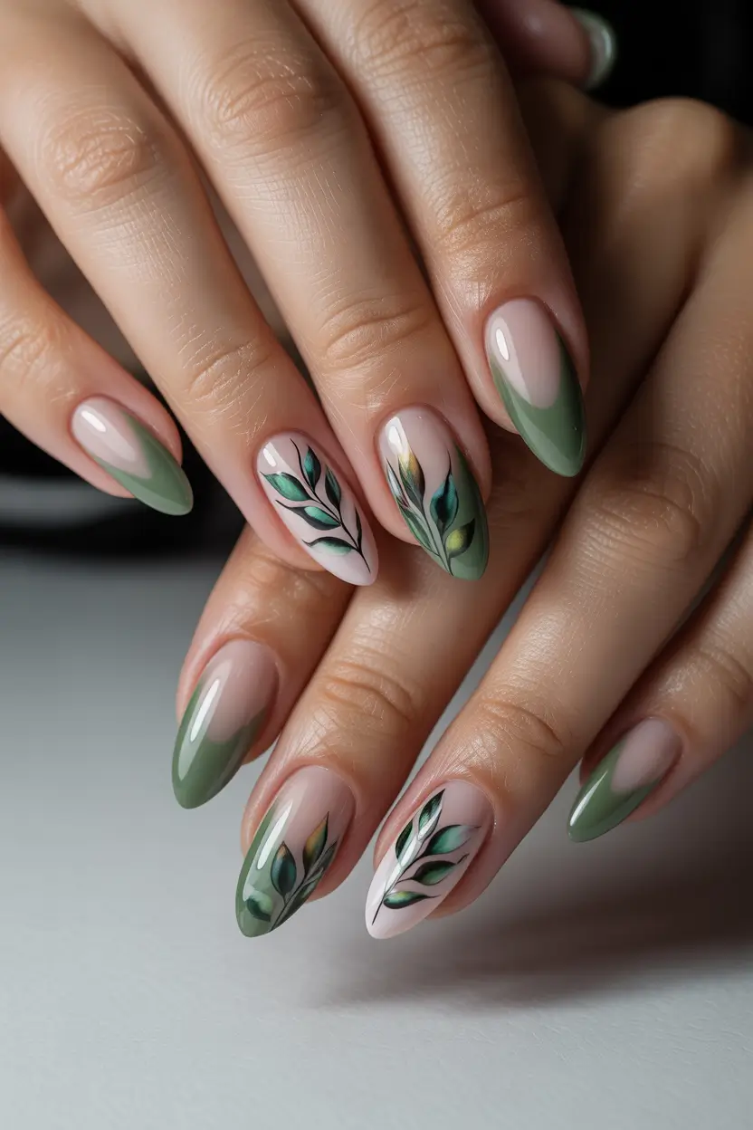 spring almond nails 2026 botanical green elegance with leaf art