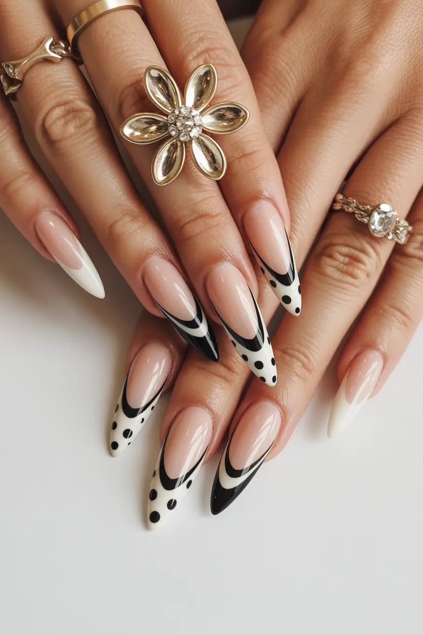 spring almond nails 2026 graphic black and white almond drama 6