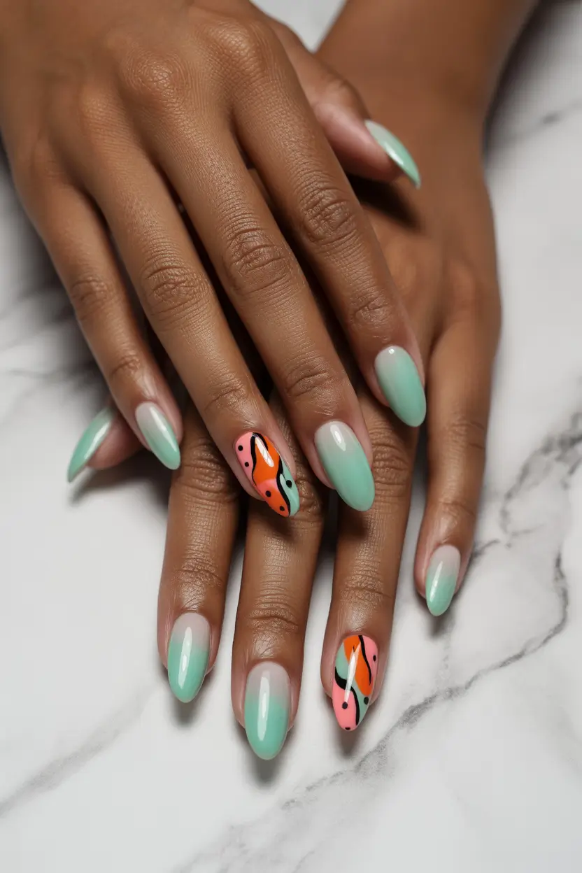 spring almond nails 2026 mint green with playful accent art 8
