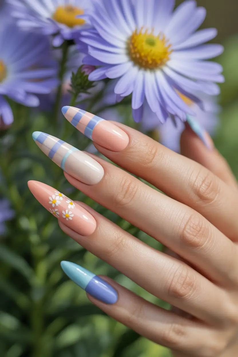 spring almond nails 2026 plaid pastel and daisy mix 9