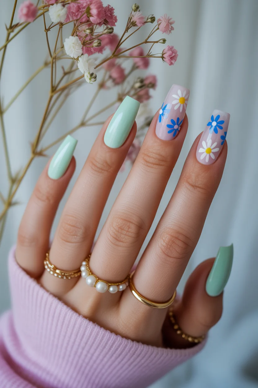 elegant spring ballerina nails 2026 fresh mint ballerina nails with delicate daisy art