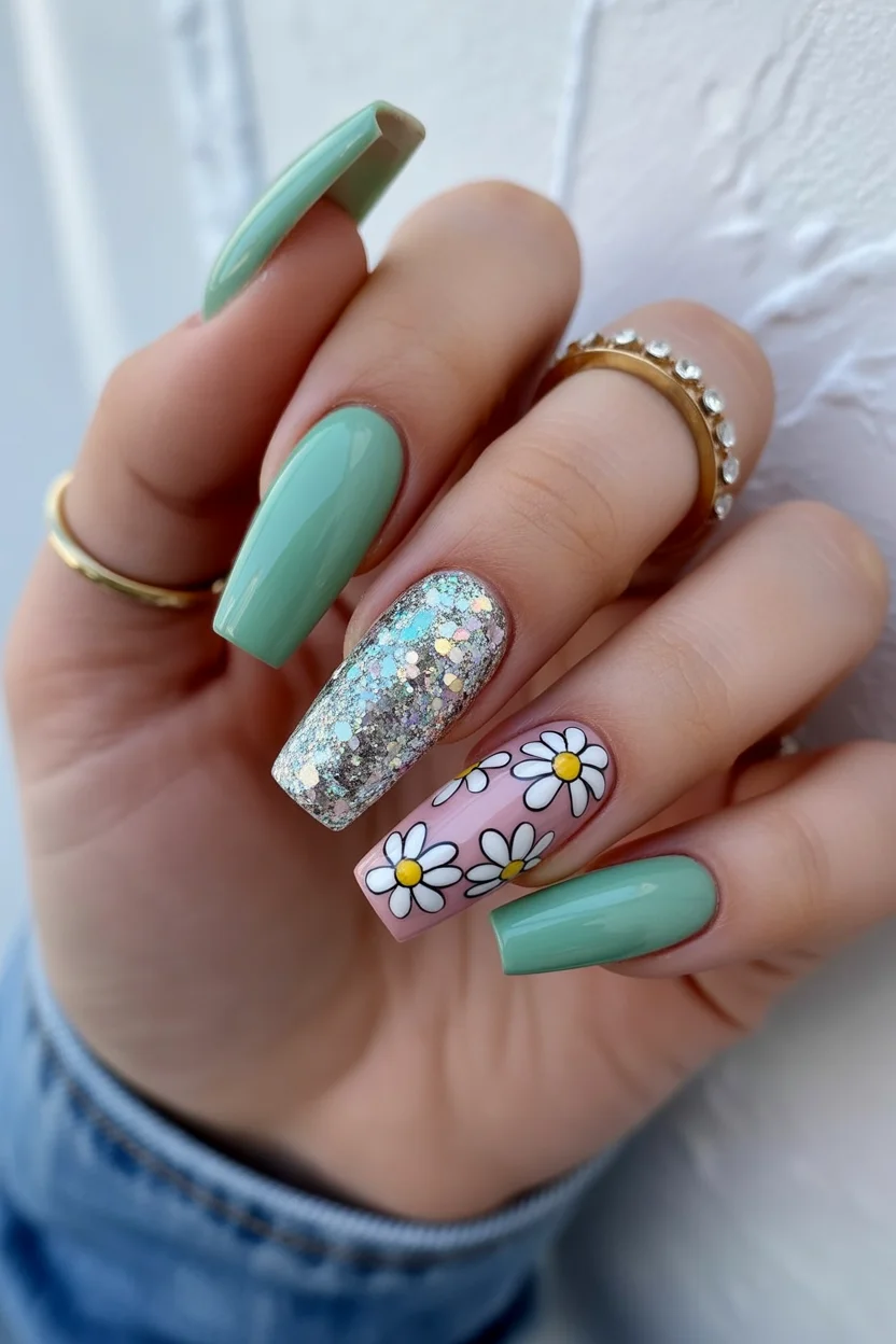 elegant spring ballerina nails 2026 mint ballerina nails with daisy accents and glitter detail