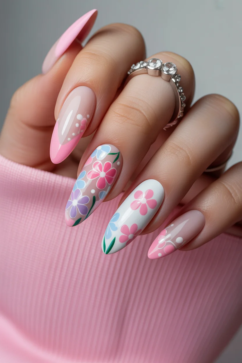 elegant spring ballerina nails 2026 soft pink ballerina nails with floral art