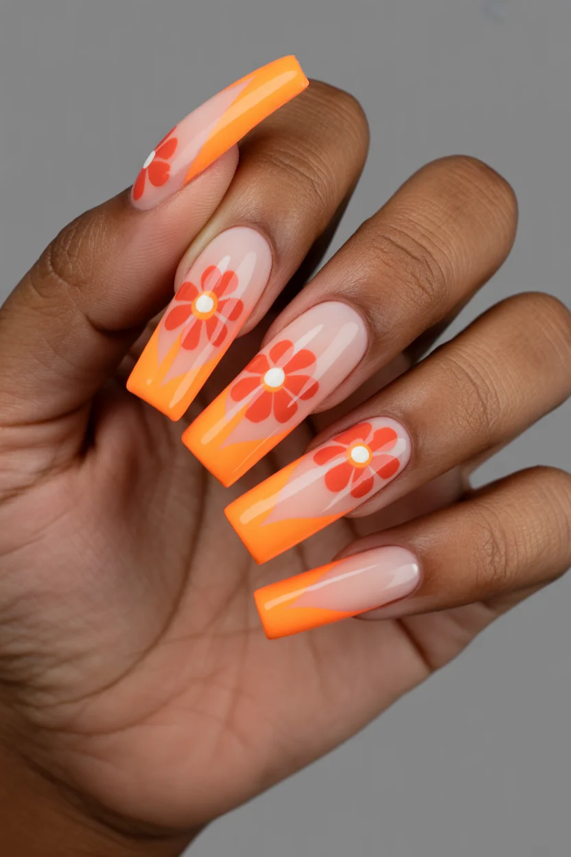 elegant spring ballerina nails 2026 neon coral ballerina nails with floral accents