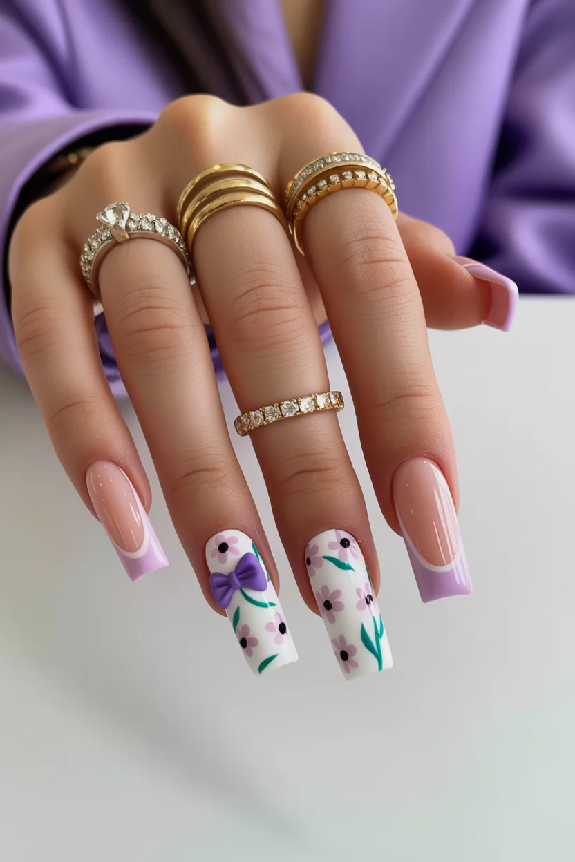 elegant spring ballerina nails 2026 lavender french ballerina manicure with floral details