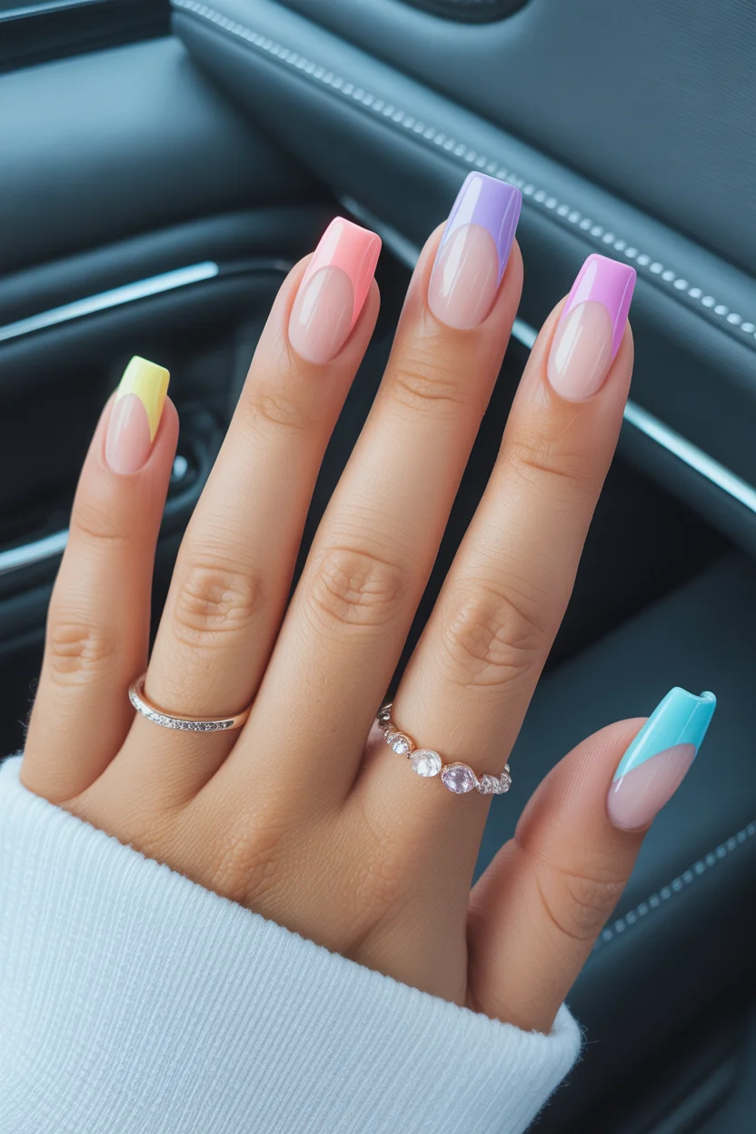 elegant spring ballerina nails 2026 pastel rainbow ballerina tips for playful spring color