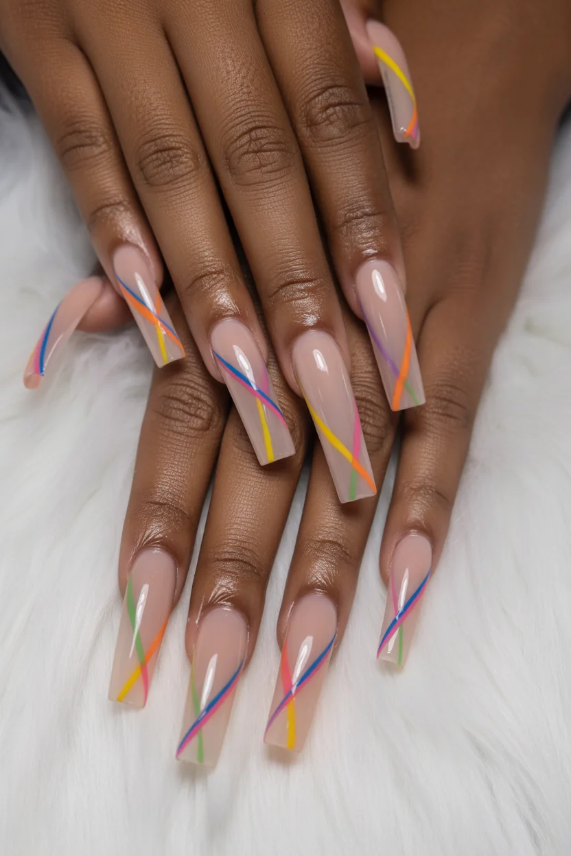 elegant spring ballerina nails 2026 minimal nude ballerina nails with colorful linear accents