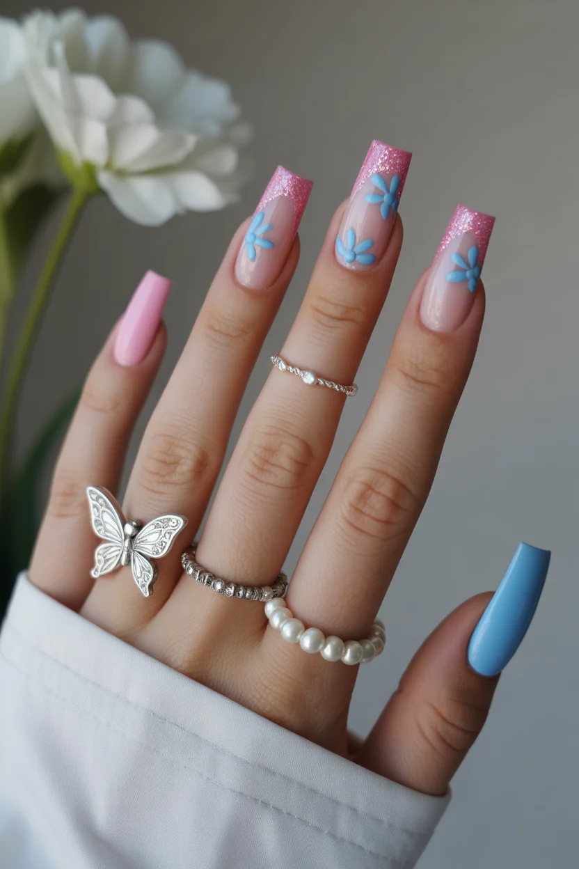 elegant spring ballerina nails 2026 pink glitter french ballerina nails with blue floral accents