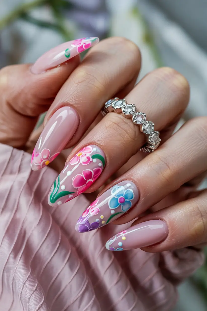 elegant spring french tip nails 2026 Soft Almond Floral French For Romantic Spring Mornings