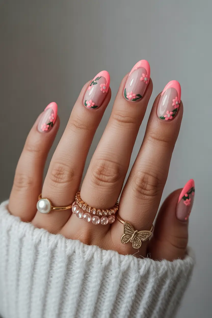 elegant spring french tip nails 2026 Soft Coral Floral French For A Romantic Spring Look 15