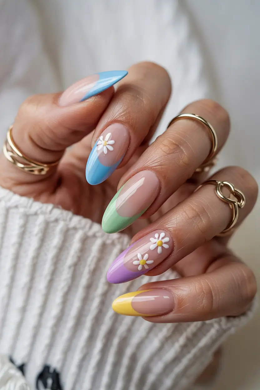 elegant spring french tip nails 2026 Pastel Almond French With Sweet Daisy Accents 16
