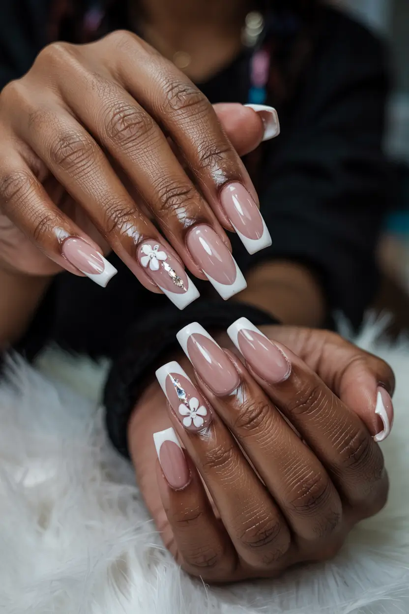 elegant spring french tip nails 2026 Classic Square French With Minimal White Floral Accent