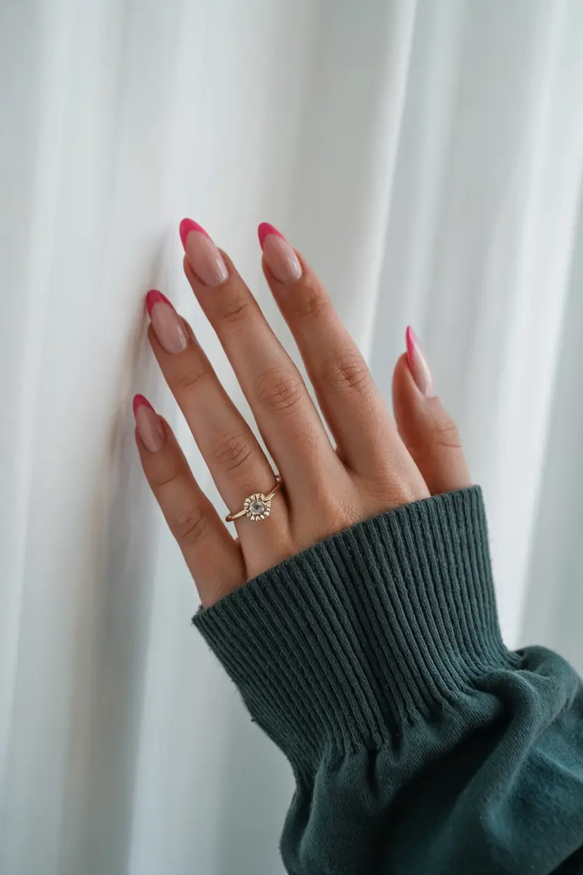 elegant spring french tip nails 2026 Elegant Almond French With Bold Pink Tips 20