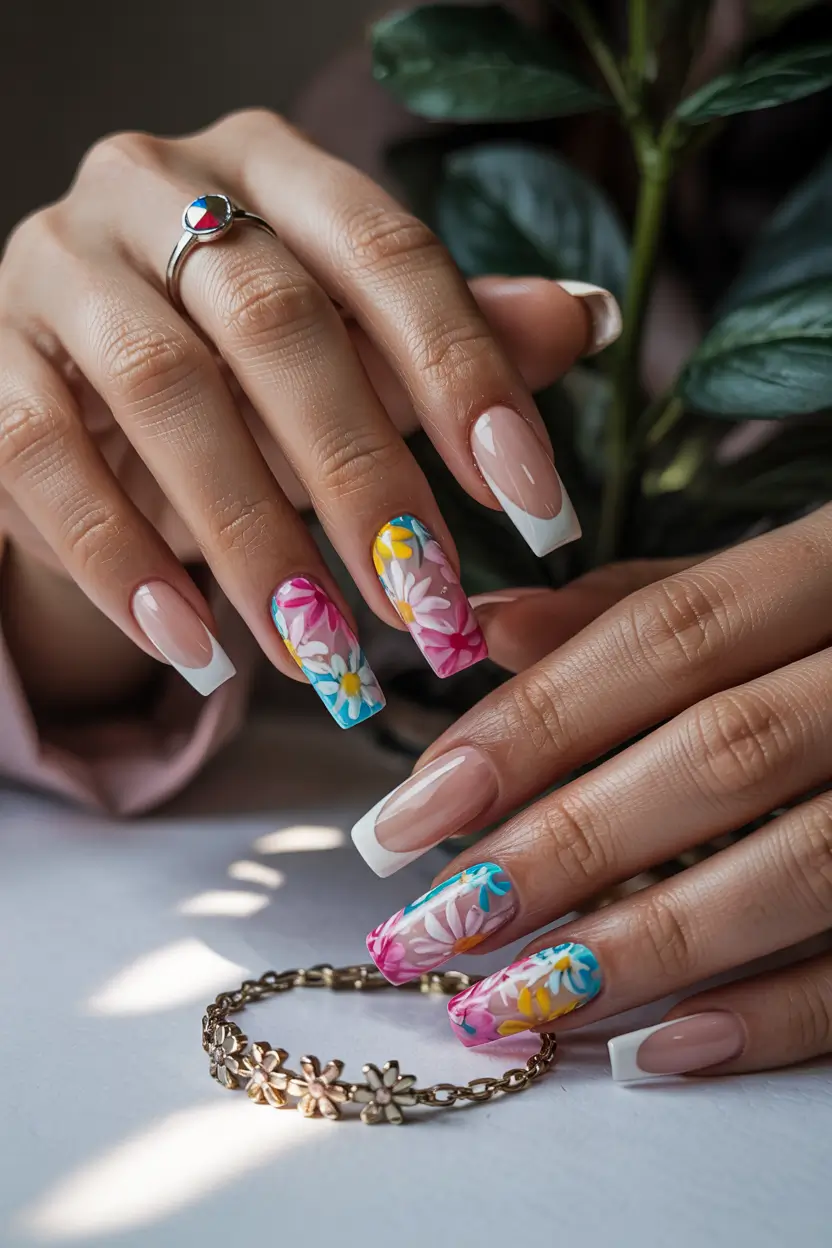 elegant spring french tip nails 2026 Bold Floral Square French With Colorful Spring Energy