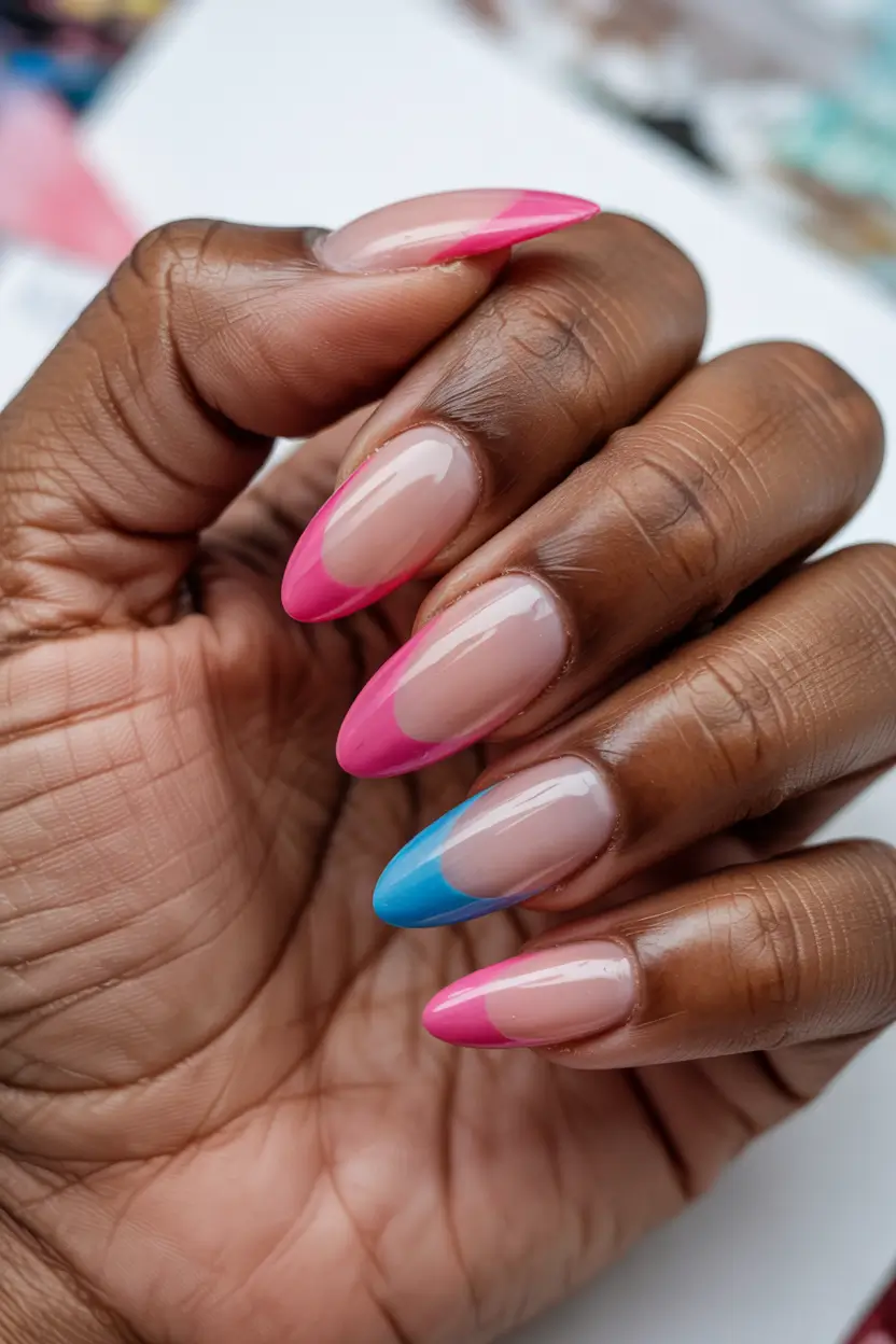 elegant spring french tip nails 2026 Modern Almond French With Pink And Blue Diagonal Tips