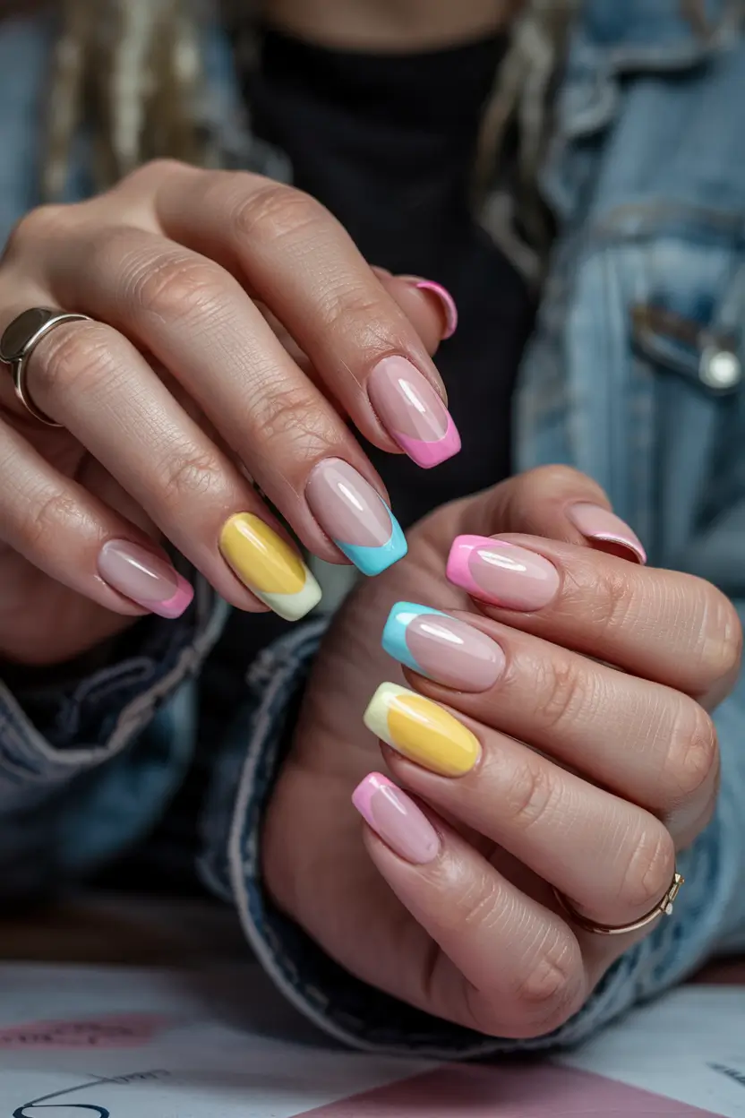 elegant spring french tip nails 2026 Pastel Square French Tips With Playful Color Blocking