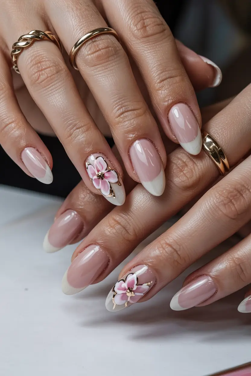 elegant spring french tip nails 2026 Almond French With Delicate Blossom Art 7