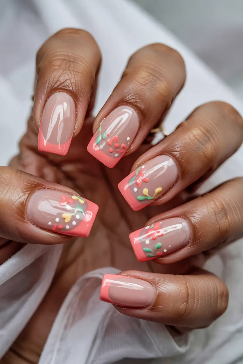 elegant spring french tip nails 2026 Coral Square French With Playful Floral Details 9