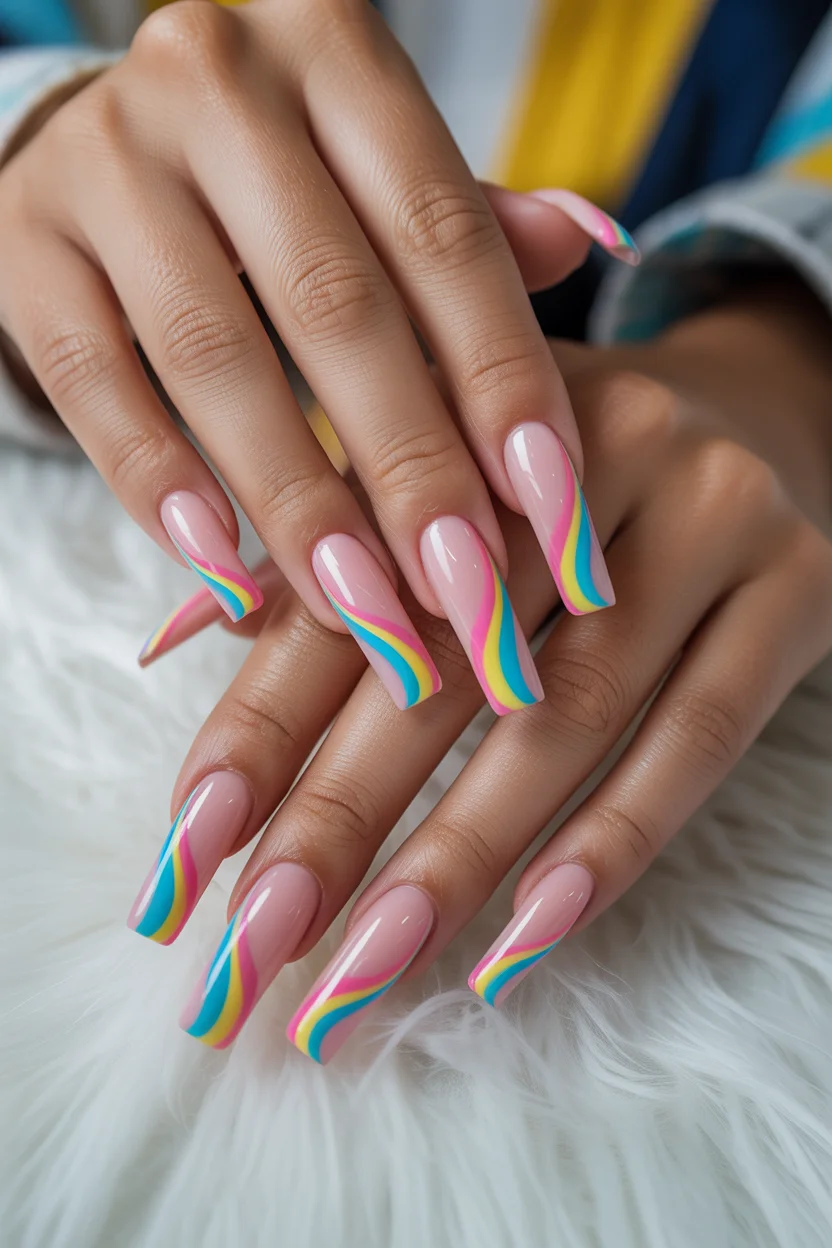 best spring nails square ideas 2026 rainbow wave extra long statement 2