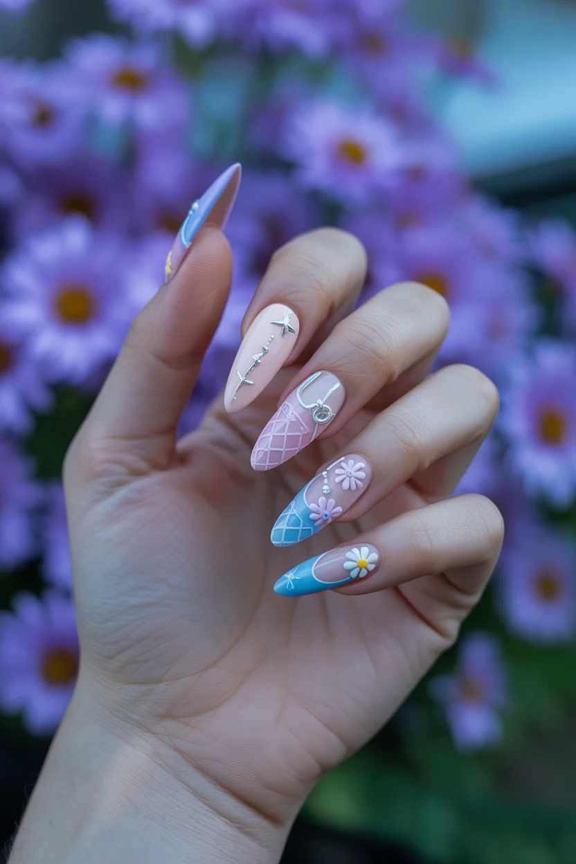 elegant spring floral nails 2026 pastel fantasy stiletto in 9