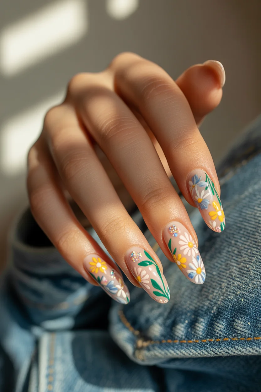 elegant spring floral nails 2026 nude almond garden bloom in 9