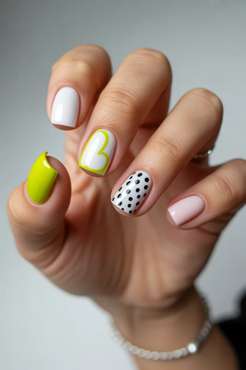best spring nails square ideas 2026 playful lime and polka dot pop 3