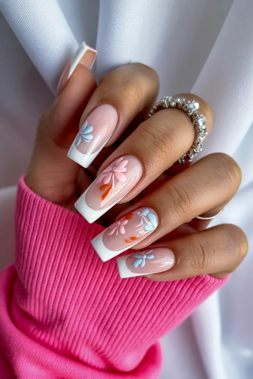 best spring nails square ideas 2026 long floral french with pastel petals 1