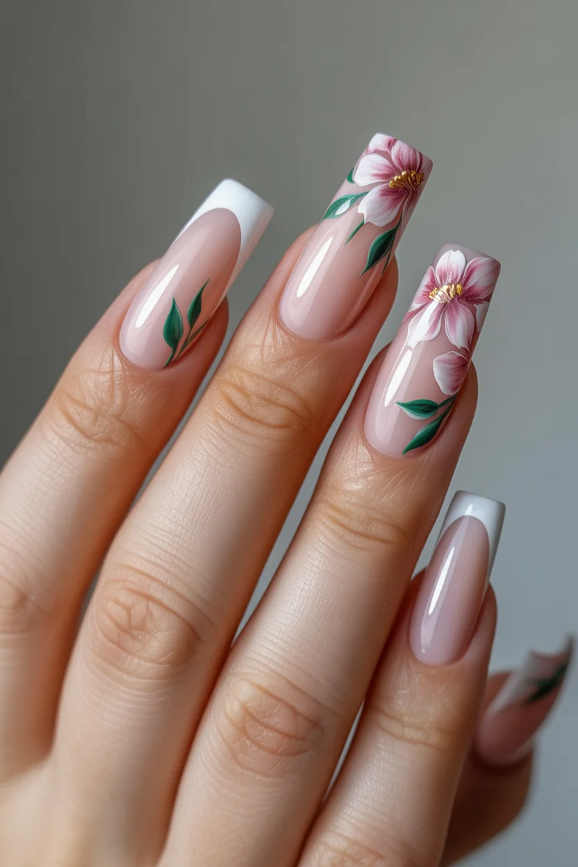 best spring nails square ideas 2026 romantic white french with large blossom detail