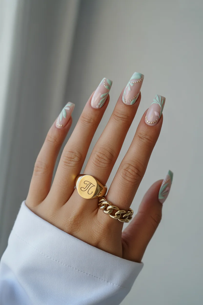 best spring nails square ideas 2026 nude and mint botanical lines