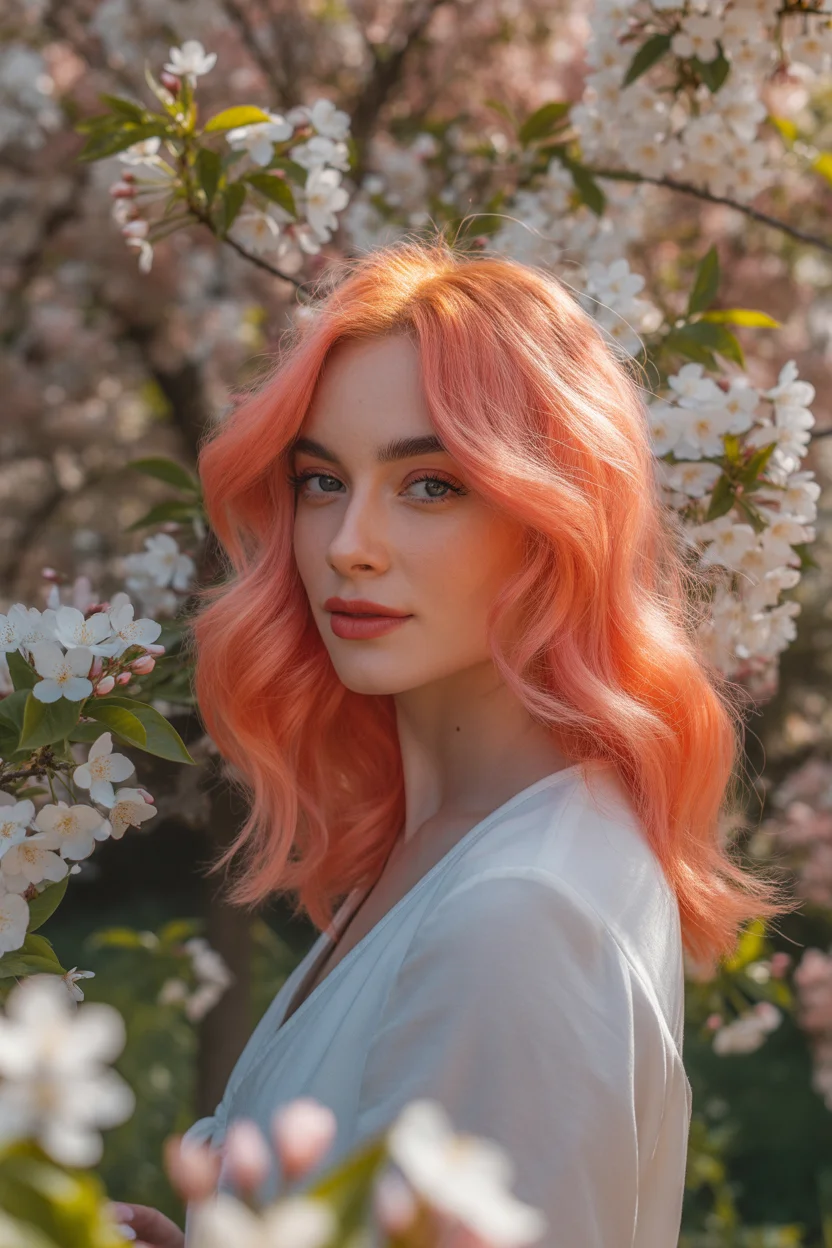 May Hair Color Ideas 2026 Peach Blossom Waves for Playful Spring Energy 9