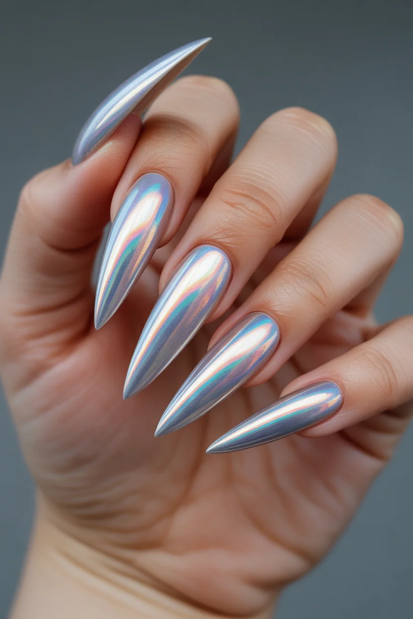 May Nails Ideas 2026 Chrome Stiletto Mirror Shine for Futuristic Edge 10