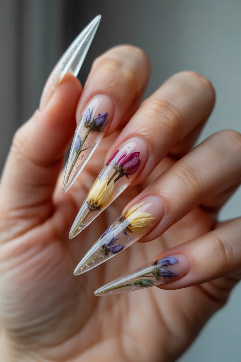 May Nails Ideas 2026 Encapsulated Wildflower Stiletto for Bold Spring Art 11