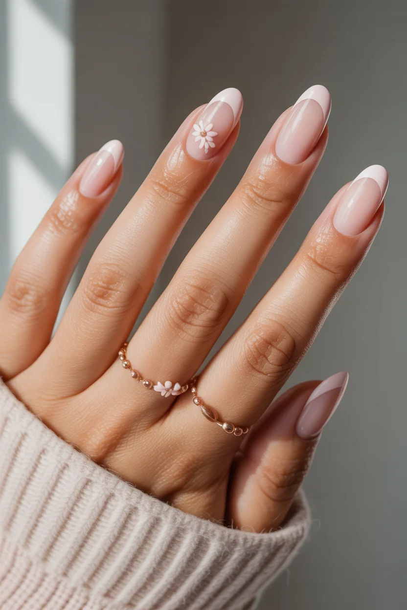 May Nails Ideas 2026 Soft Pink French with a Single Daisy Accent 12
