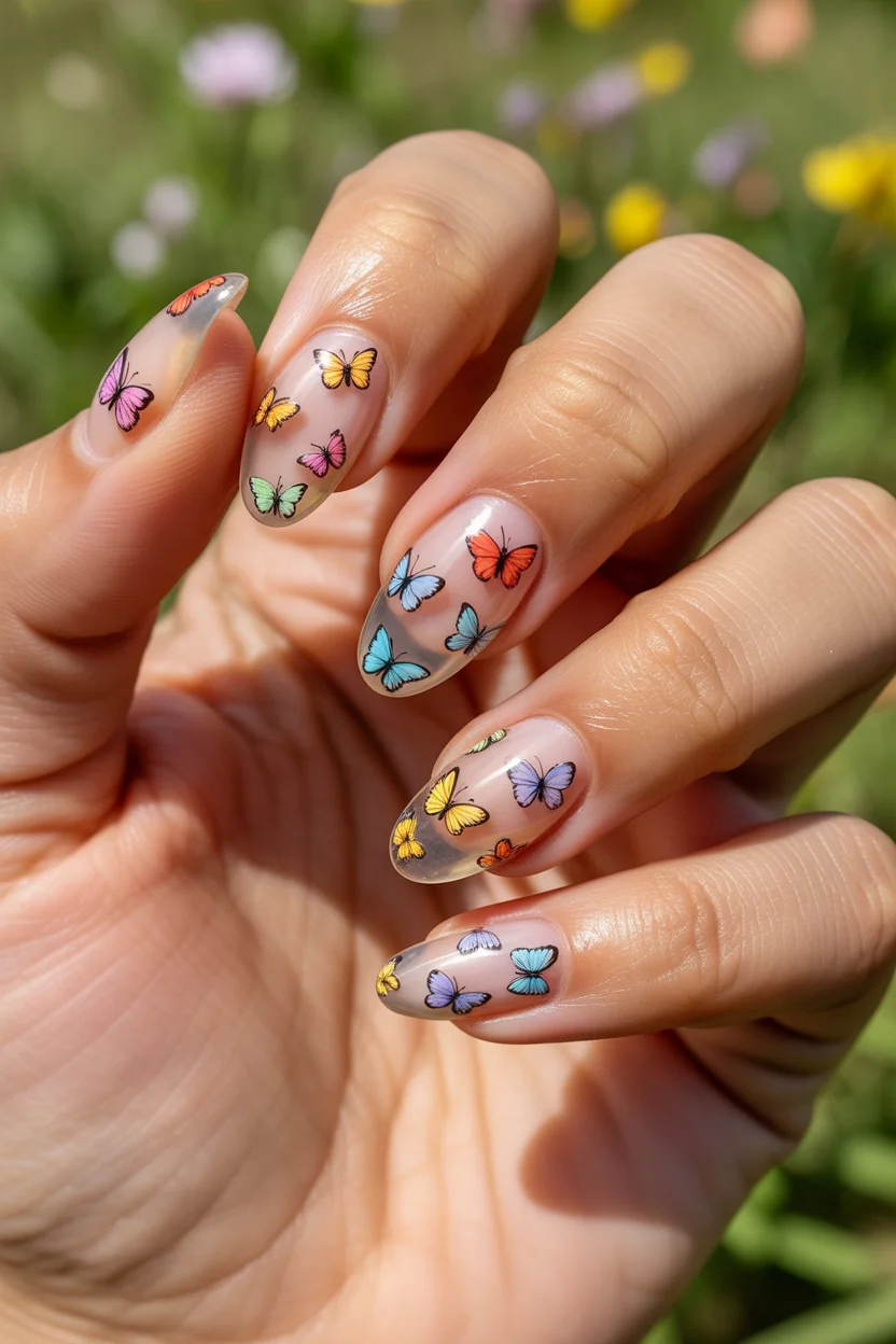 May Nails Ideas 2026 Butterfly Garden Sheer Overlay for Playful May Energy 13
