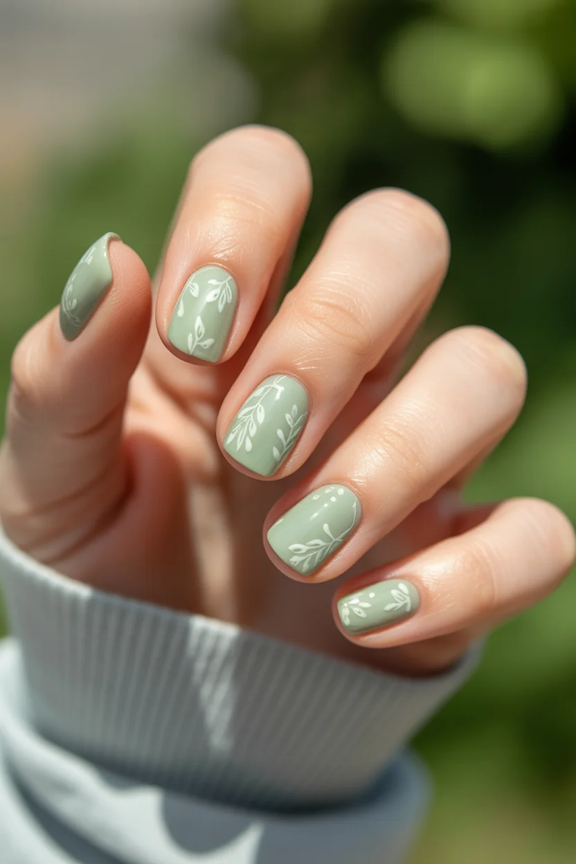 May Nails Ideas 2026 Short Sage Green Minimalism with Delicate White Leaves 14
