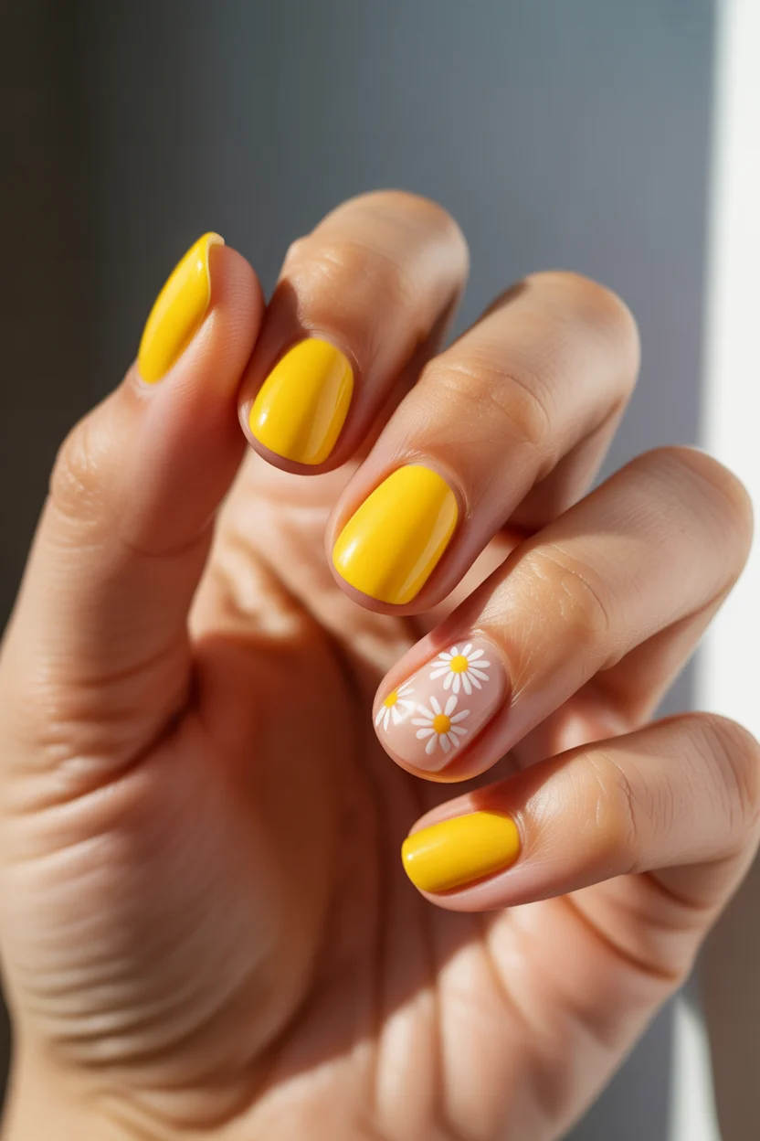 May Nails Ideas 2026 Sunshine Yellow with Daisy Accent 17