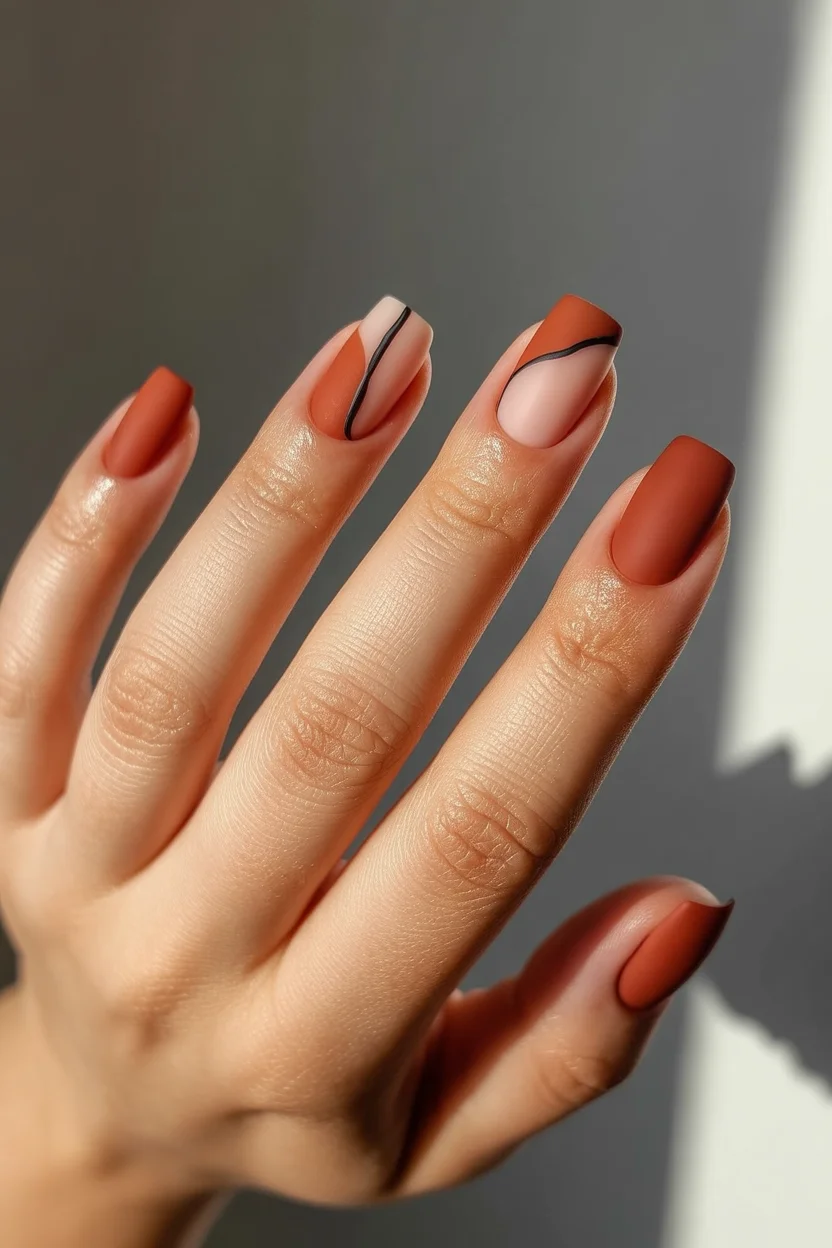 May Nails Ideas 2026 Matte Terracotta with Graphic Line Detail 18