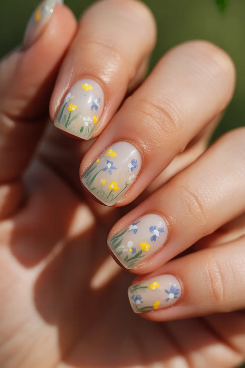 May Nails Ideas 2026 Delicate Meadow Florals on Sheer Nude 19