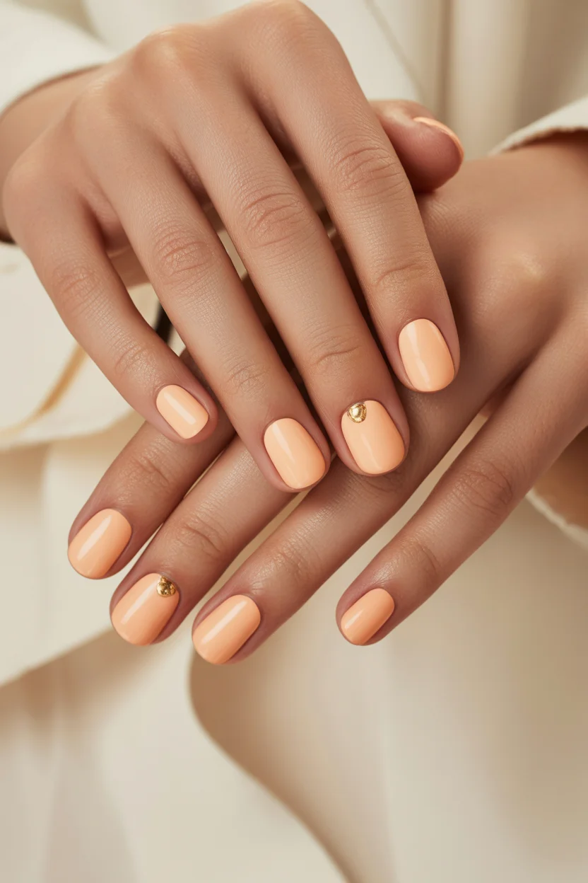 May Nails Ideas 2026 Peach Sorbet Minimalism with a Golden Accent