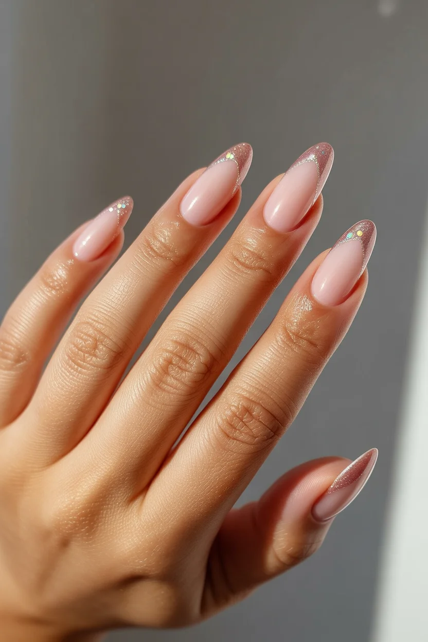 May Nails Ideas 2026 Blush Almond with Subtle Glitter Fade