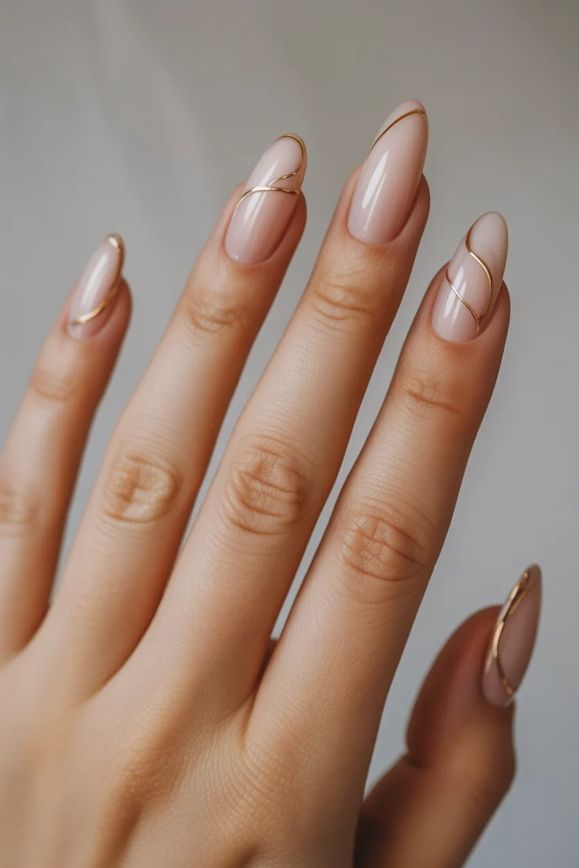 May Nails Ideas 2026 Minimalist Nude with Sculpted Gold Lines