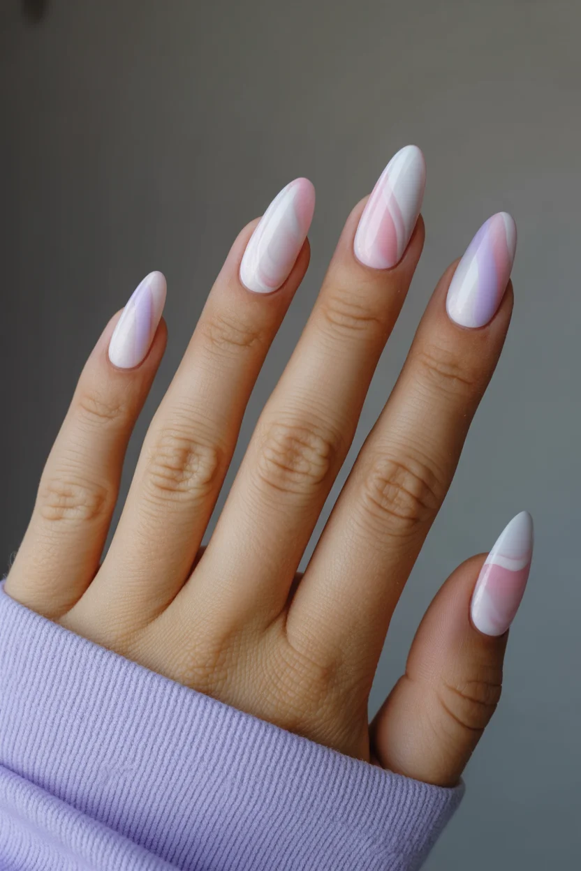 May Nails Ideas 2026 Milky Swirl Almond with Soft Pink Movement 7
