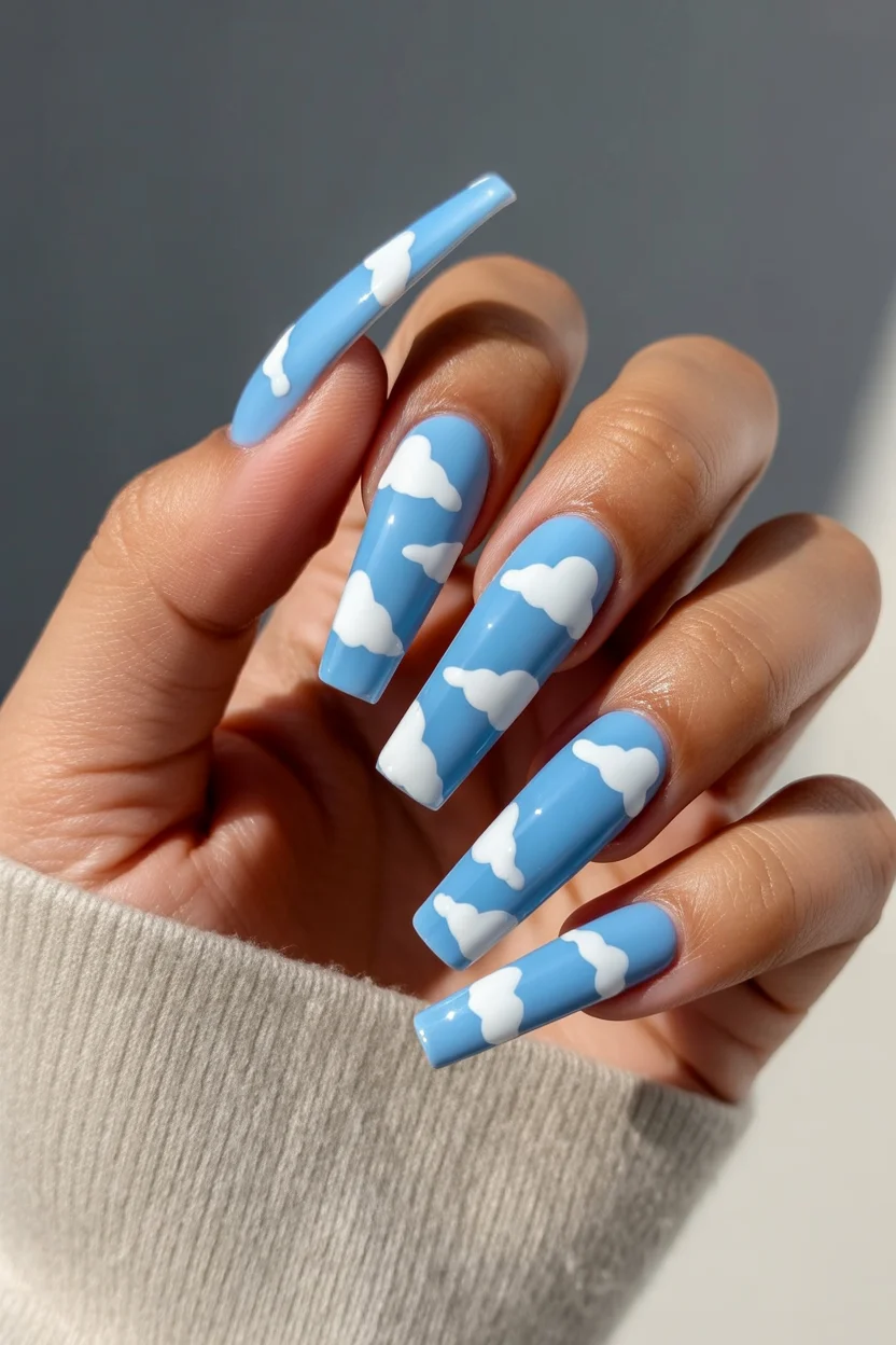 May Nails Ideas 2026 Sky Blue Cloud Coffin for Playful Spring Energy 9