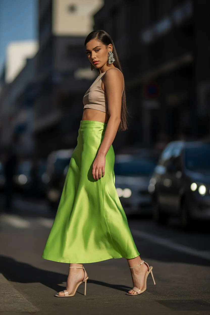 May outfits ideas 2026 Lime Satin Skirt and Sculpted Crop Energy