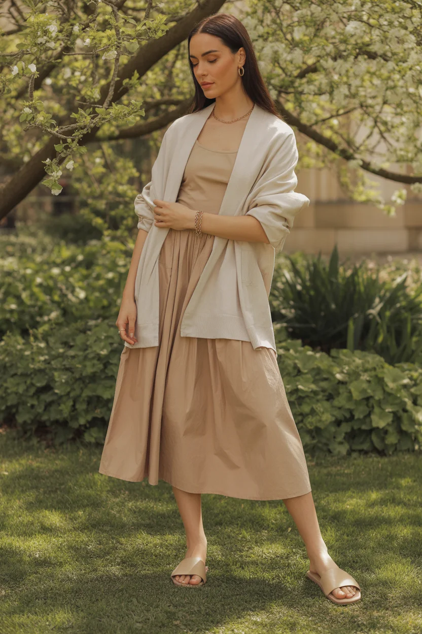 May outfits ideas 2026 Soft Beige Dress with Light Layering 14