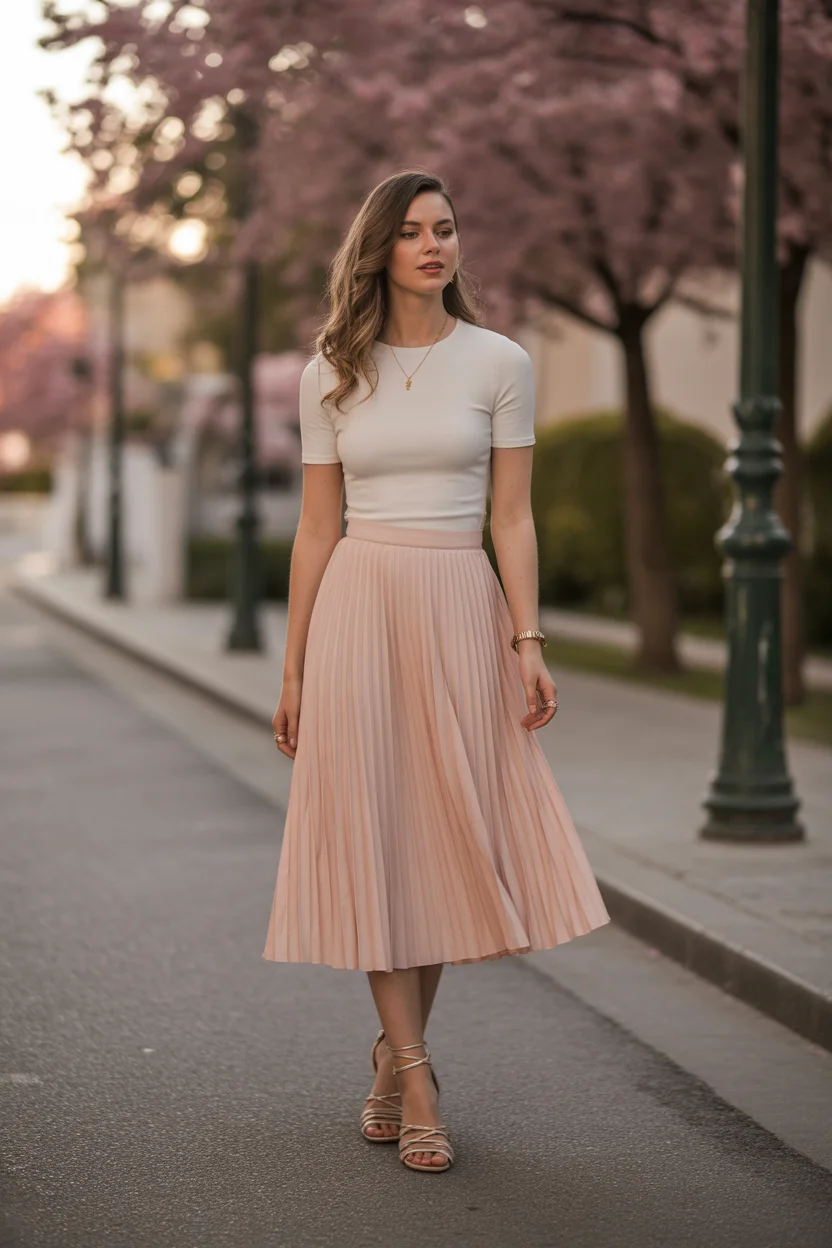 May outfits ideas 2026 Pleated Blush Skirt and Minimal Top 15