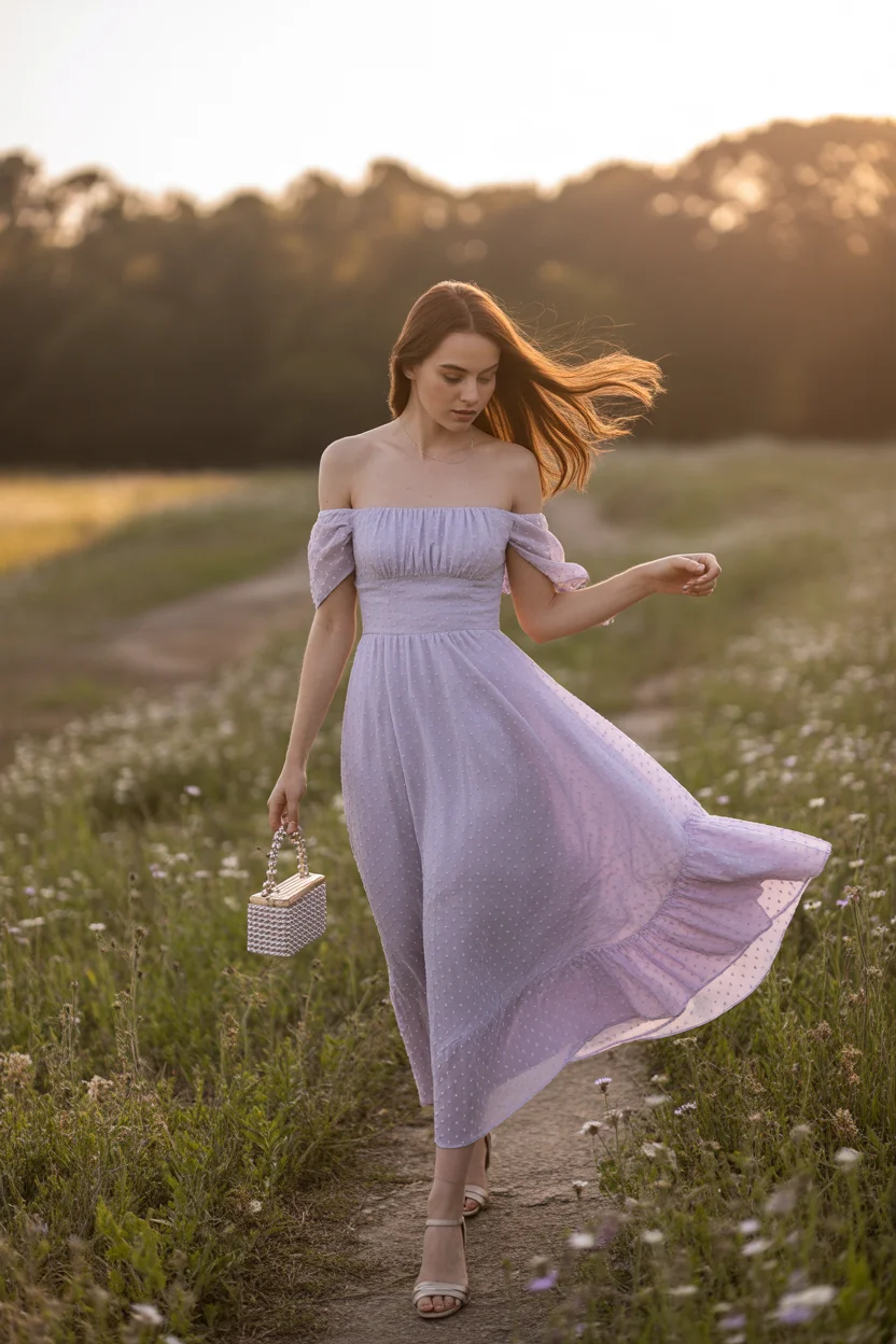 May outfits ideas 2026 Lavender Off Shoulder Romance 18