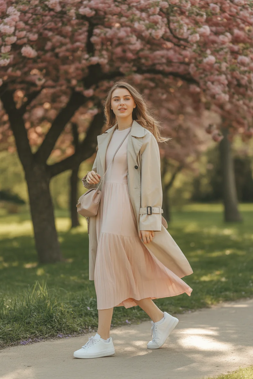 May outfits ideas 2026 Blush Dress with Trench and Sneakers 19